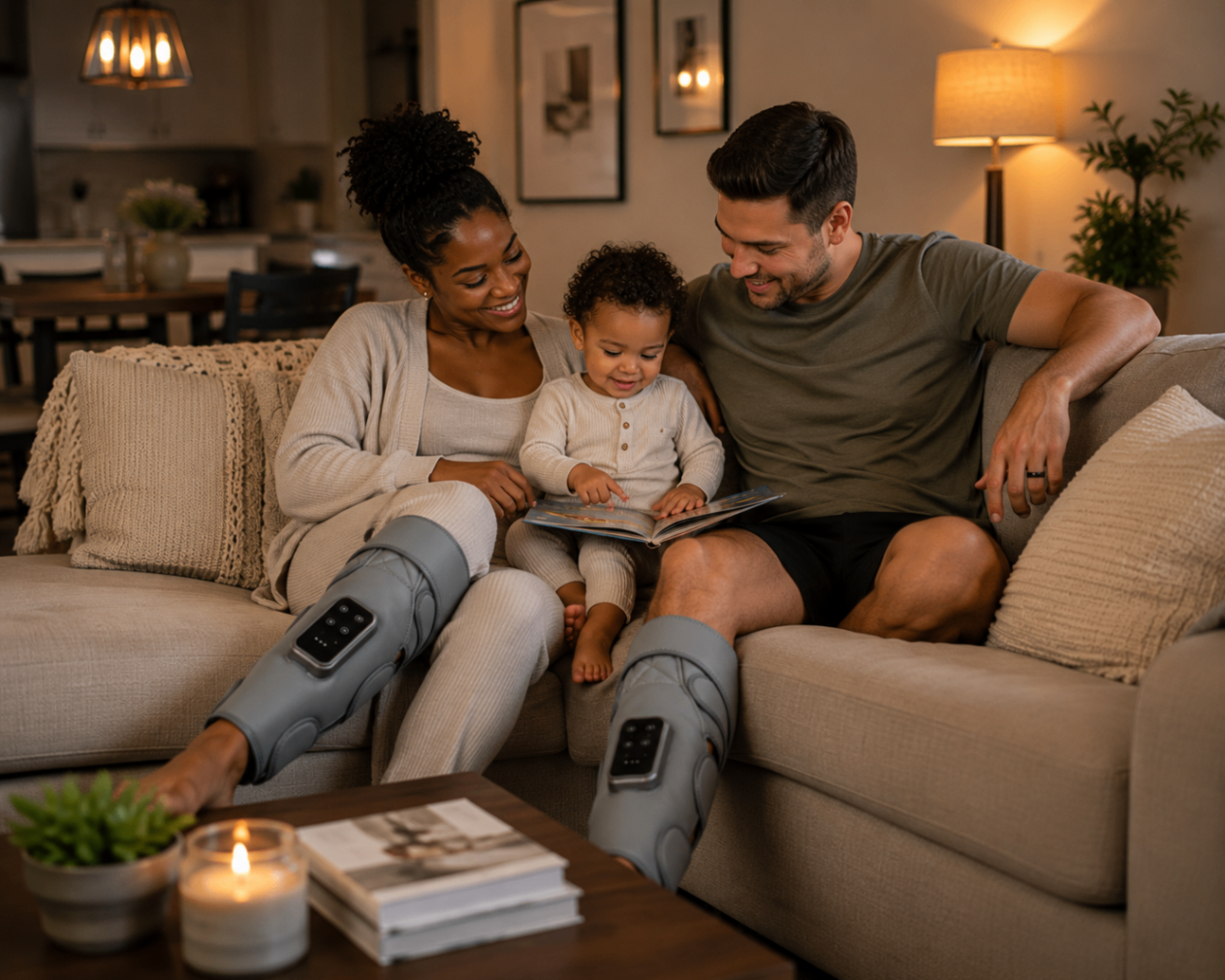 Parents relaxing at home with the leg massager during family time