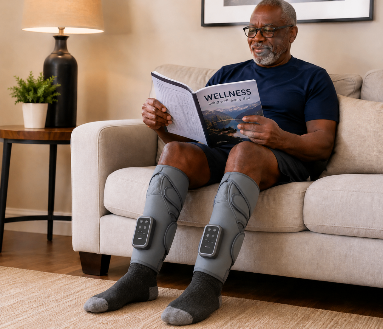 Older customer reading while wearing the leg massager