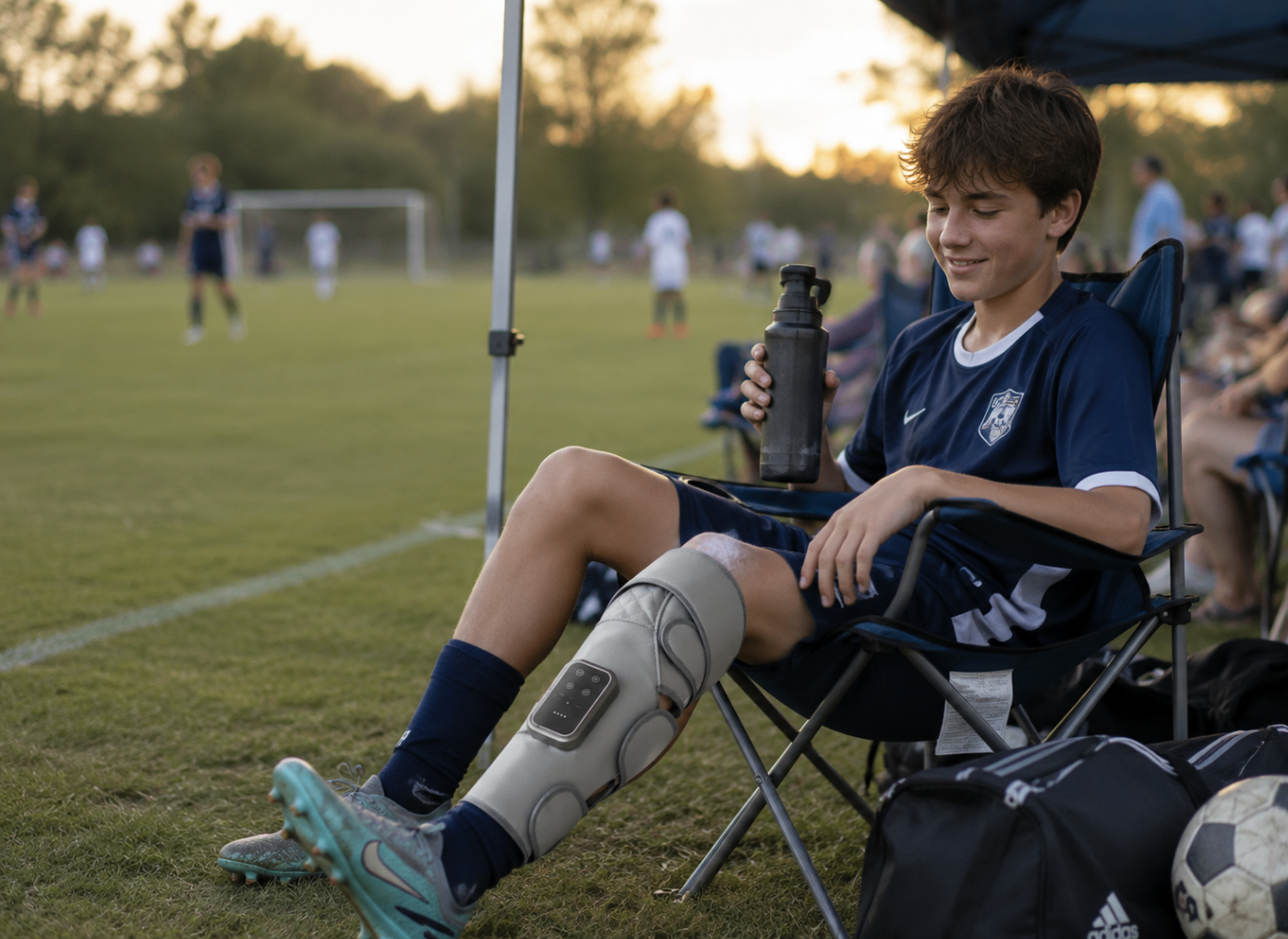 Young athlete using the leg massager on the sidelines