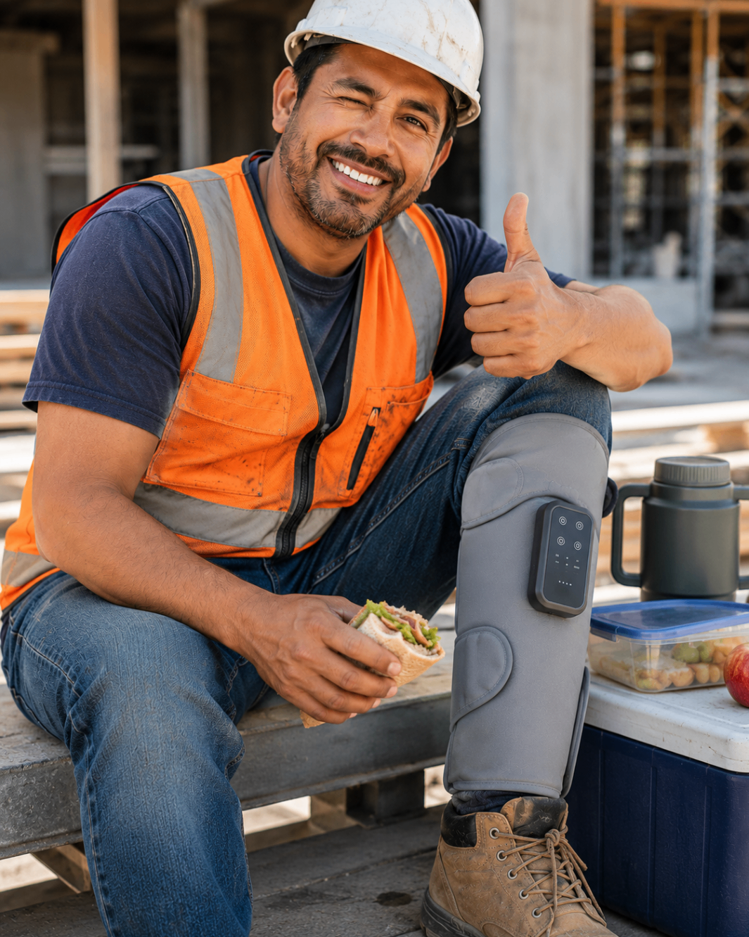 Construction worker using the leg massager at lunch break