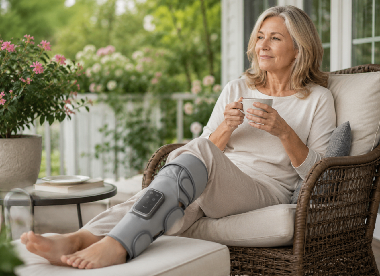 Woman relaxing on a porch while using the leg massager
