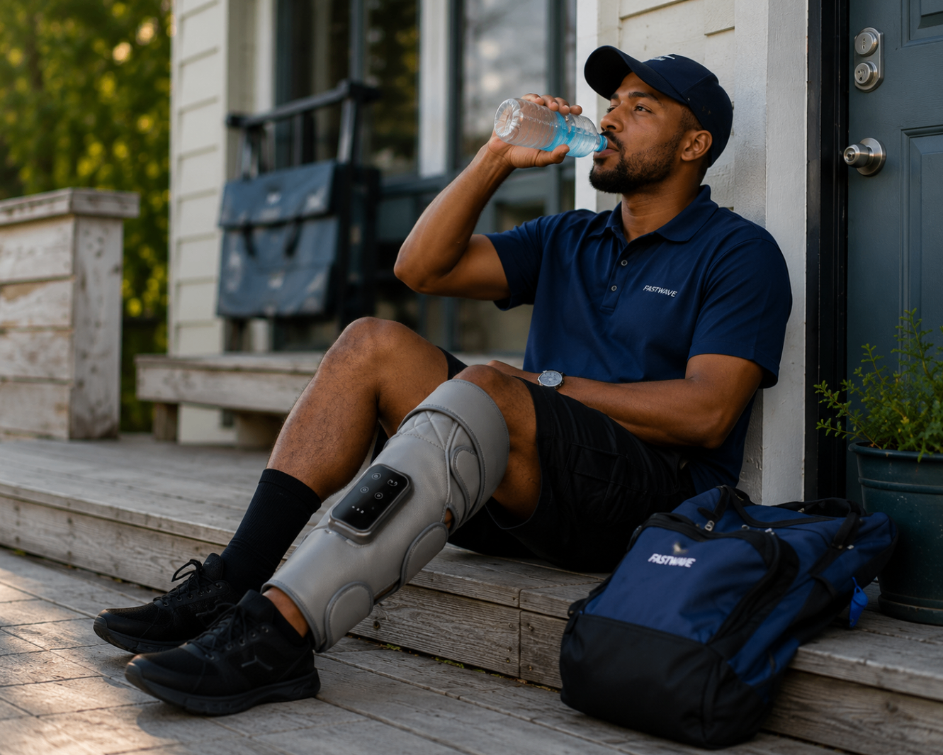 Man hydrating after work while wearing the leg massager