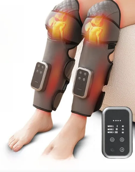 KneadWell knee and calf massager demonstrating infrared heat therapy with wireless remote