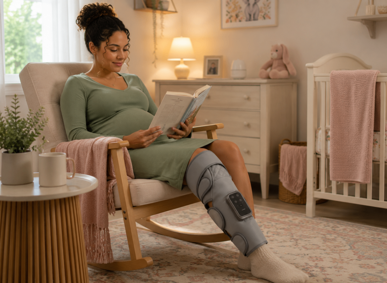 Pregnant woman relaxing with the leg massager