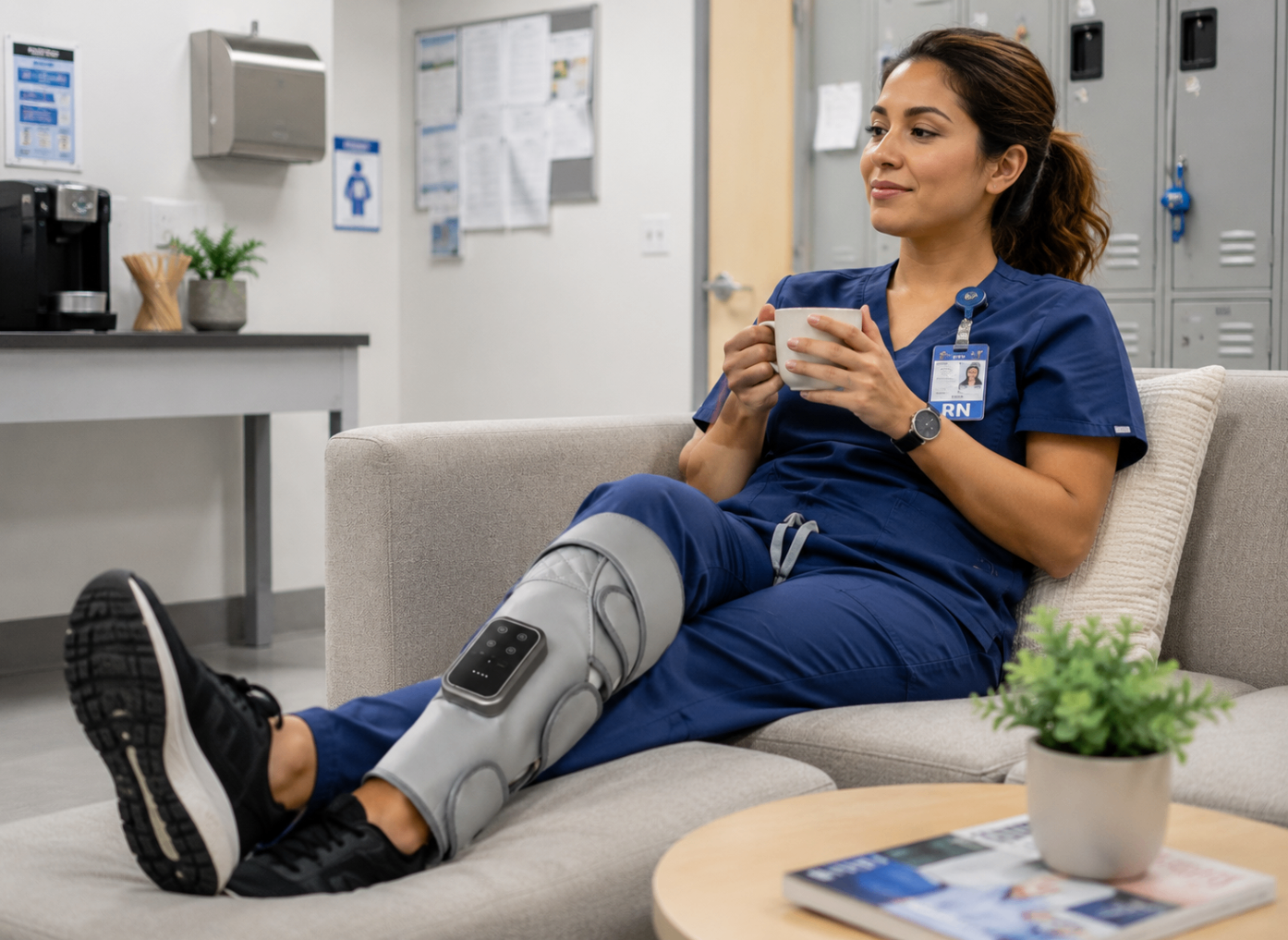 Nurse relaxing with the leg massager during a break